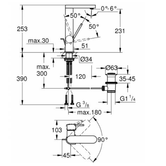 23851003 Смеситель для раковины GROHE Plus с донным клапаном, поворотный излив, L-Size, хром