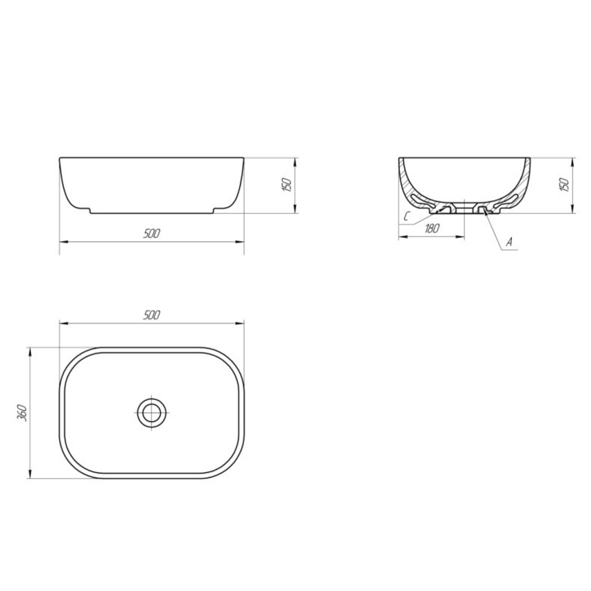 Раковина на столешницу crea 50 rectangular 0 отв