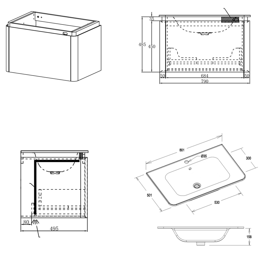 Тумба для ванной комнаты в комплекте с раковиной Minotti Bella 80см