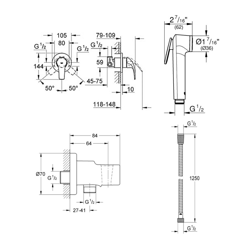 129185 *Гигиеналық душы бар жиынтық GROHE BauCurve, хром