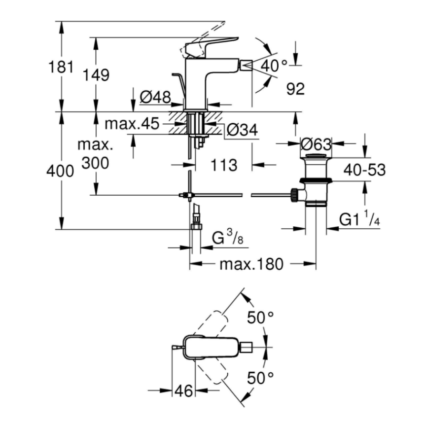 1018100000 *Смеситель для биде GROHE Cubeo с донным клапаном, хром