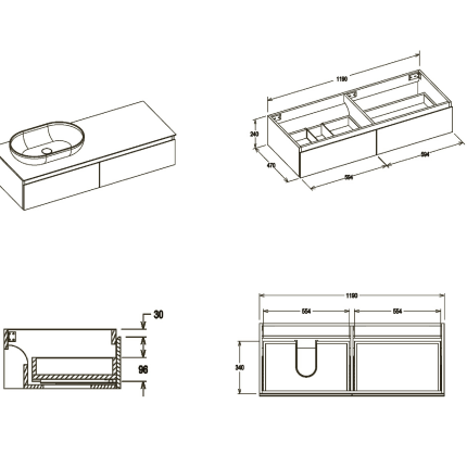 Тумба для ванной комнаты в комплекте со столешницей и раковиной Minotti Bruno 120см
