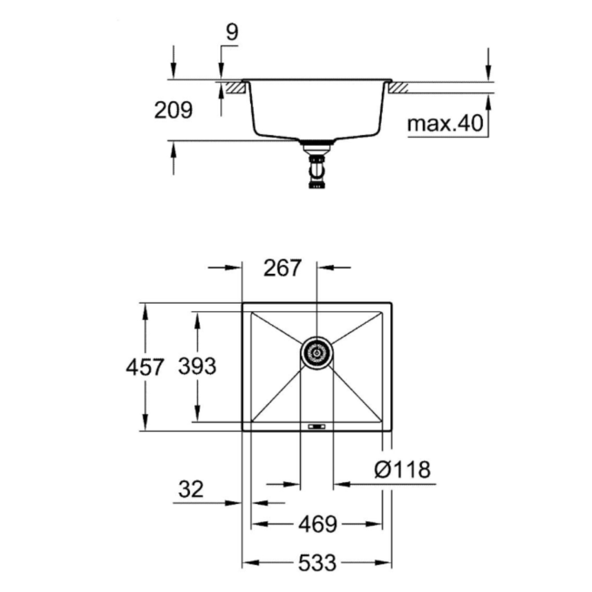 31654AP0 Мойка GROHE K700U с одной чашей, 533 x 457 мм, черный гранит
