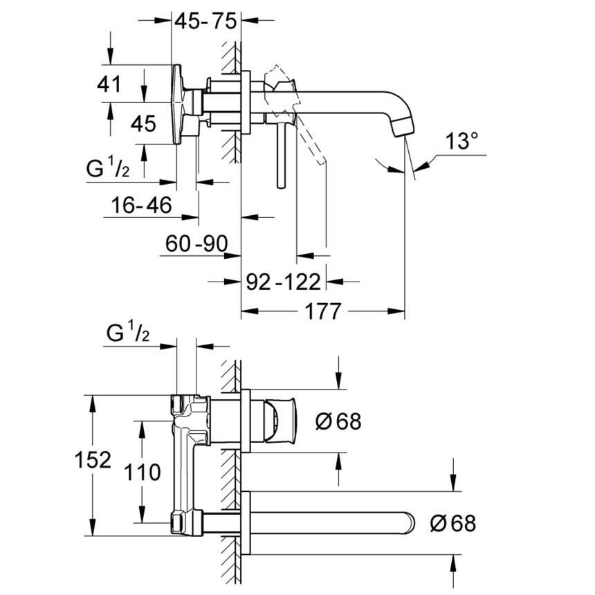 2029200C *Смеситель для раковины GROHE BauClassic на два отверстия, готовый комплект, хром