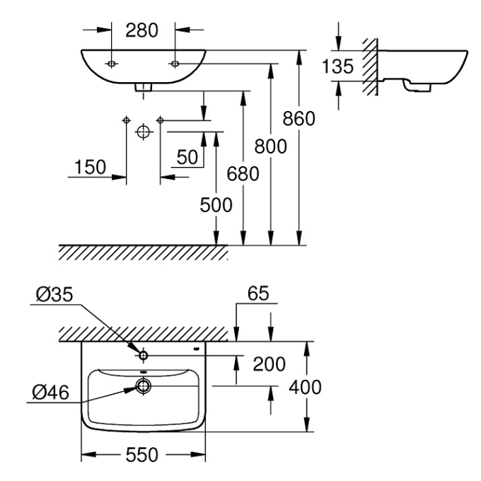 39807000 Раковина подвесная GROHE BauEdge 55 см, альпин-белый