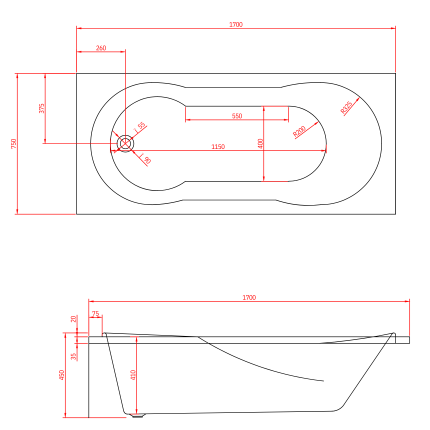 Акриловая прямоугольная ванна Minotti Сurve 170*75