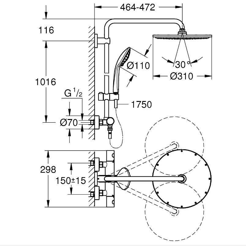 26075GL0 Душевая система GROHE Euphoria System 310 с термостатом, холодный рассвет глянец