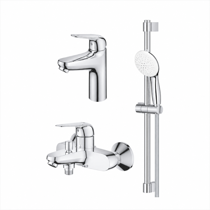129367 *Араластырғыштар жиынтығы GROHE EuroEco, раковинаға, ваннаға арналған, душ жиынтығымен, хром