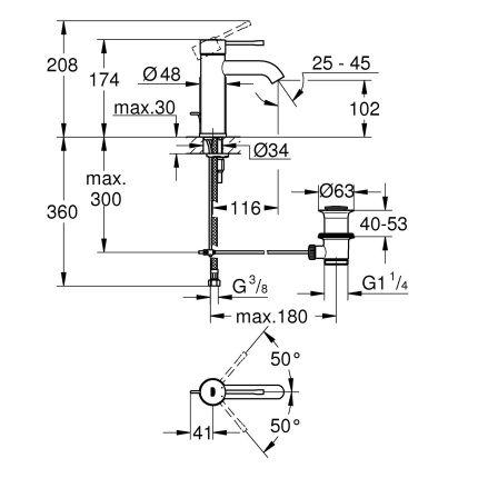 23589AO1 Смеситель для раковины GROHE Essence+ с донным клапаном, S-size, темный графит глянец