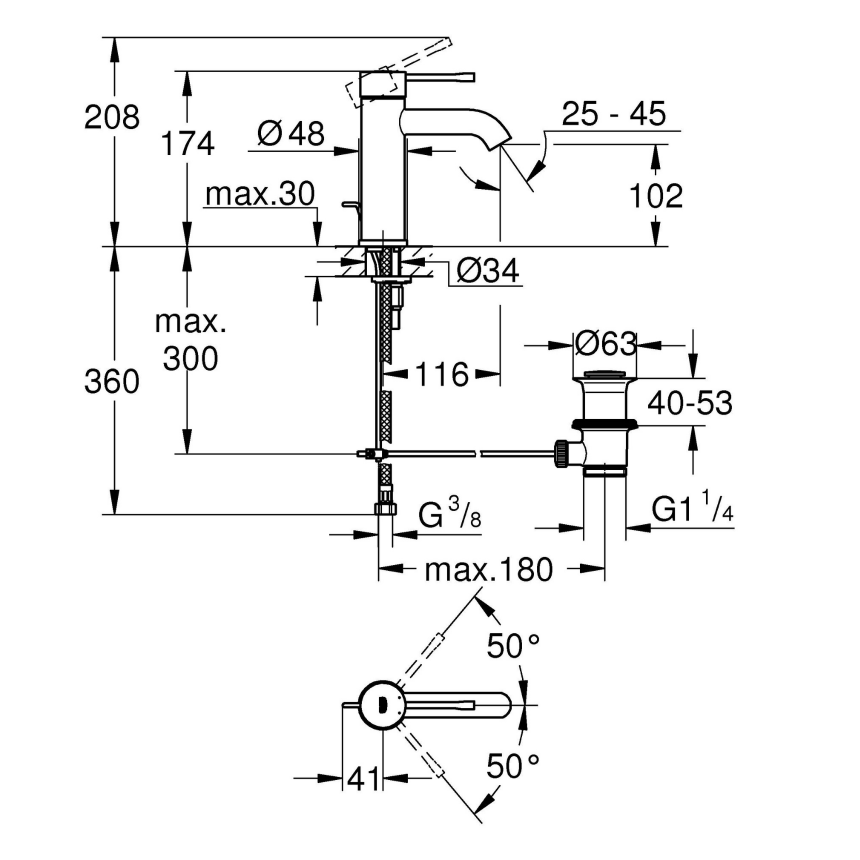 23589AO1 Смеситель для раковины GROHE Essence+ с донным клапаном, S-size, темный графит глянец